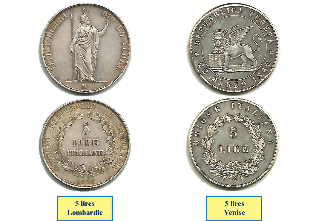 Photos de pièces de monnaies des grouvernements provisoires de Lombardie et de Venise en 1848
