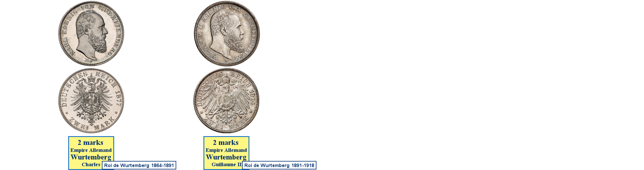 Photos de pièces de monnaies du Royaume de Wurtemberg dans l'Empire Allemand