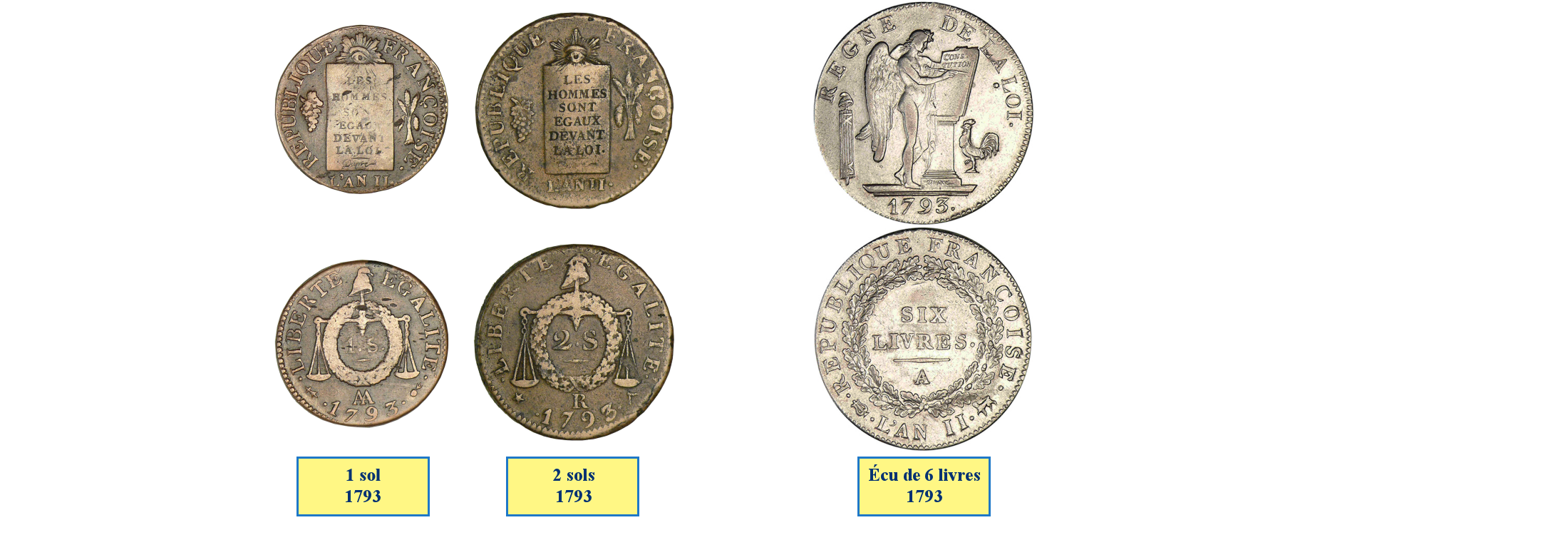 Photos de pièces de monnaies de la convention : sols à la balance et écu de six livres