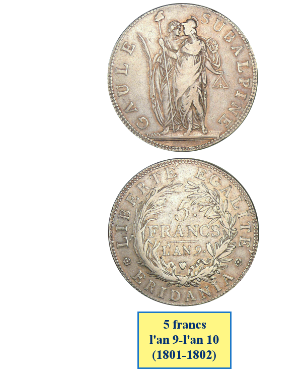 Photos de la pièce de 5 francs de la République Subalpine